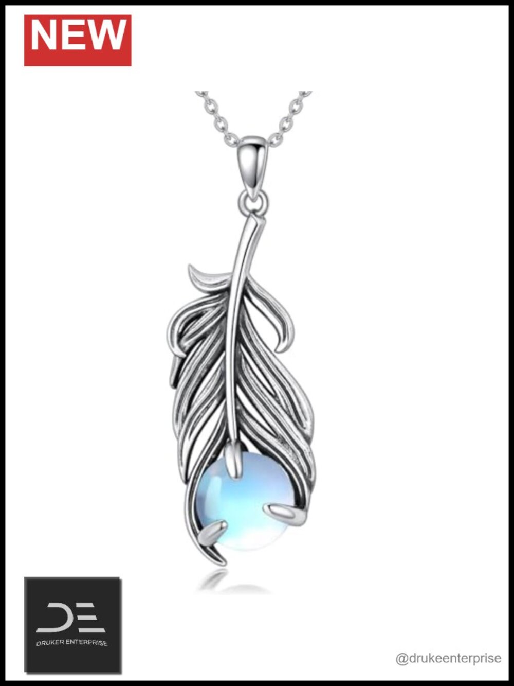 925 Sterling Silver Moonstone Feather Pendant Necklace
